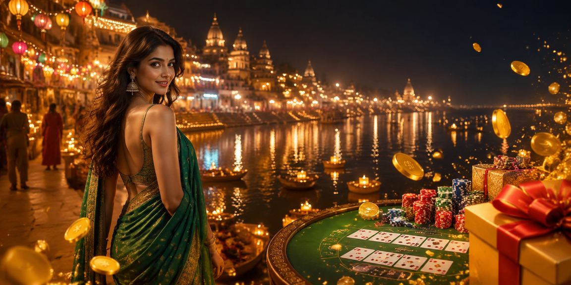 VIP player at Varanasi Ghat enjoying baccarat game dressed in traditional saree